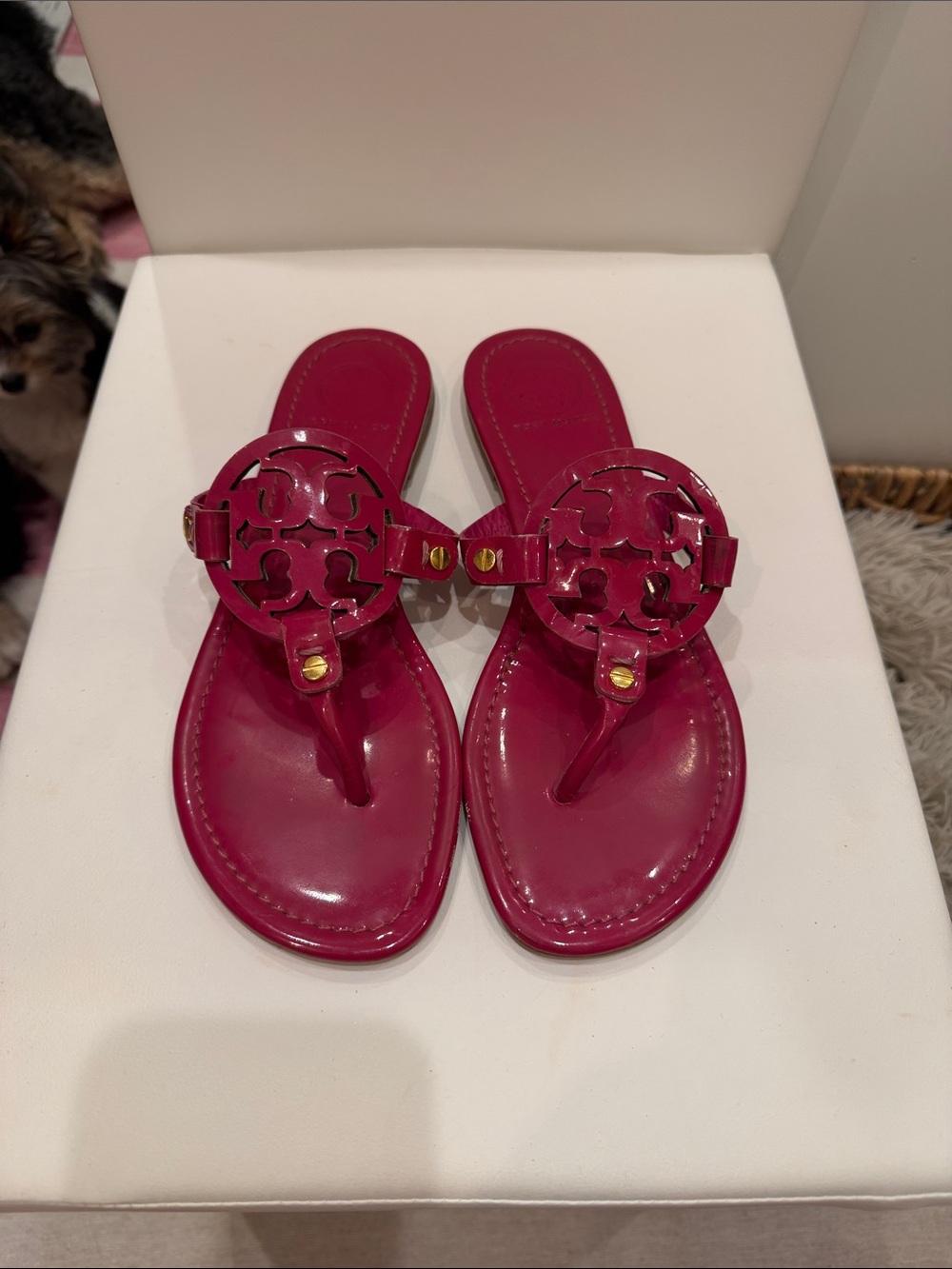 Tory Burch Patent-Style Hot Pink Logo Thong Sandals - Women